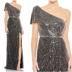 NWT Mac Duggal 93735 Black Pearl Embellished Wedding Guest Black Tie Formal Gown